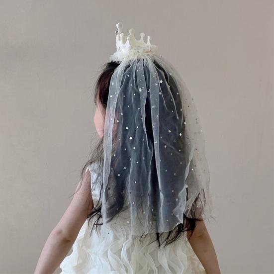 Girl Crown Headband with Sequins Imitation Pearls Princess-Style Crown Mesh Veil Toddler Princess Headpiece Baby Girl Photo Accessory