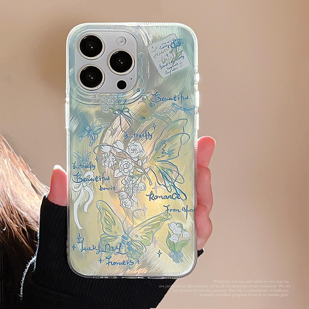

Green Butterfly and Flowers Feather Texture Clear Phone Case for iPhone 17 16 15 14 13 12 11 16E Series Pro Max Plus iphone 16 Pro