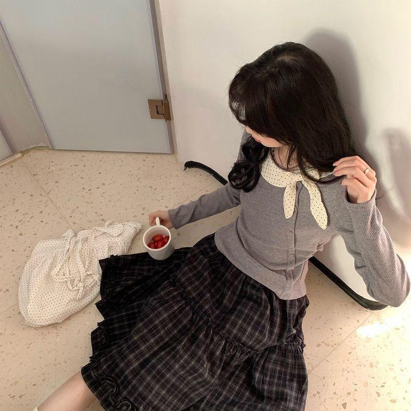 Women's Retro Patchwork Bow Long Sleeve T-shirt - Korean Style Autumn/Winter Top
