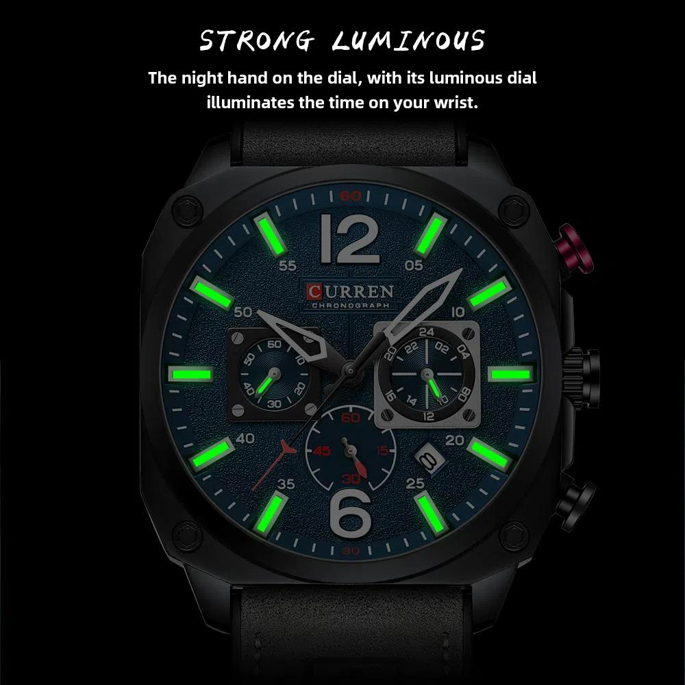 Chronograph Wristwatch Calendar Sport Mens Watches Military Fashion Square Dial Leather Male Clock Gift Luminous Waterproof