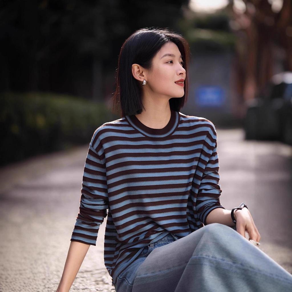 Early Autumn Striped Knitted Women's Sweater - Lightness Casual Fashion Long Sleeve Top