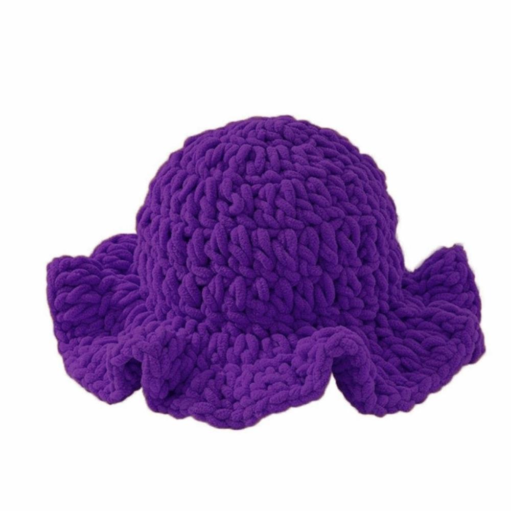 Sweet Ruffled Edge Fisherman Hat Cable Knit Winter Warm Bucket Hat Windproof Knitted Beanie  Women