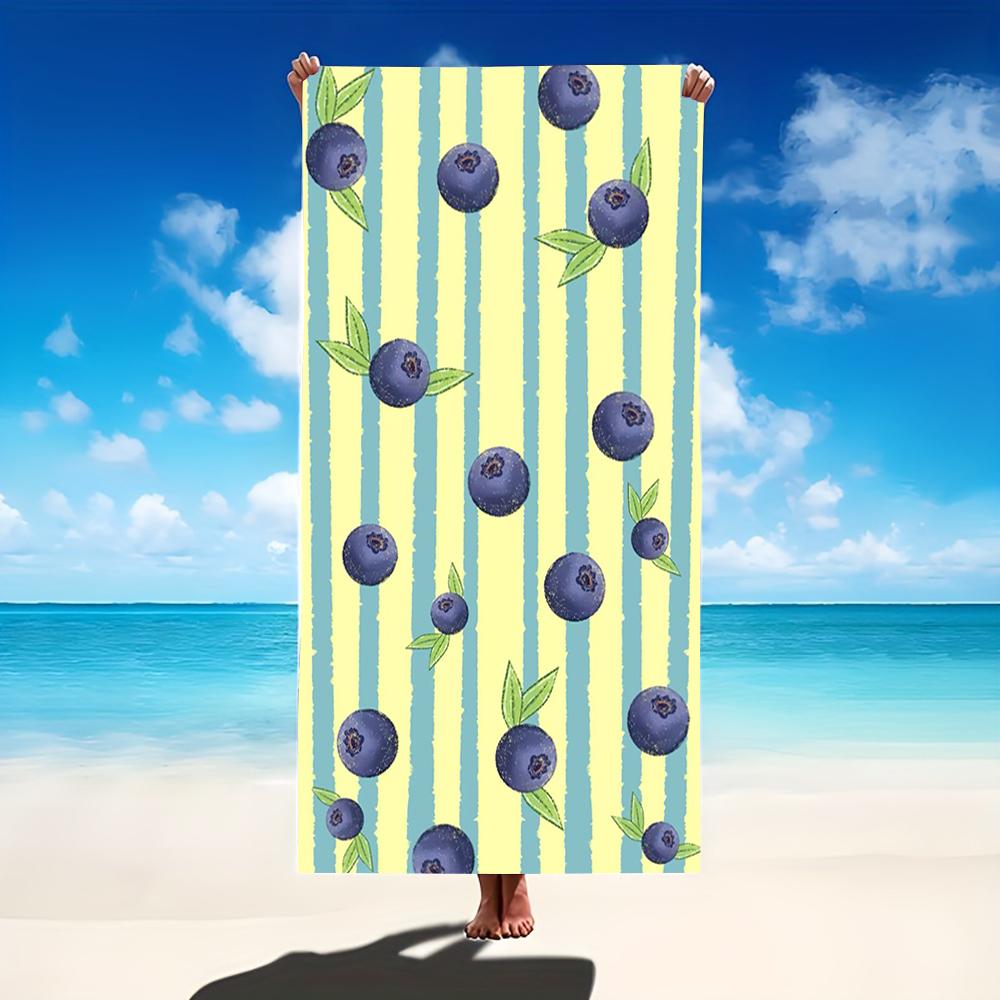 Blue and White Striped Raspberry Print Beach Towel Watercolor Blueberry Towel for Men Women Ideal for Summer Beach Trips