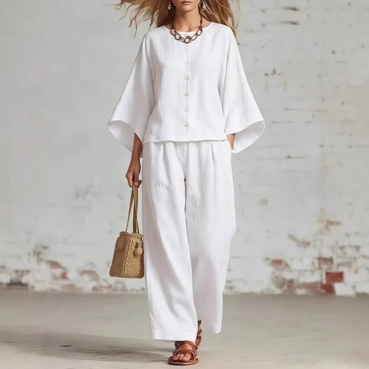 

TIFICY Women s Fashion Casual Summer Spring Solid Color Print 3/4 Sleeves O-Neck Trousers Pants Suits S белый