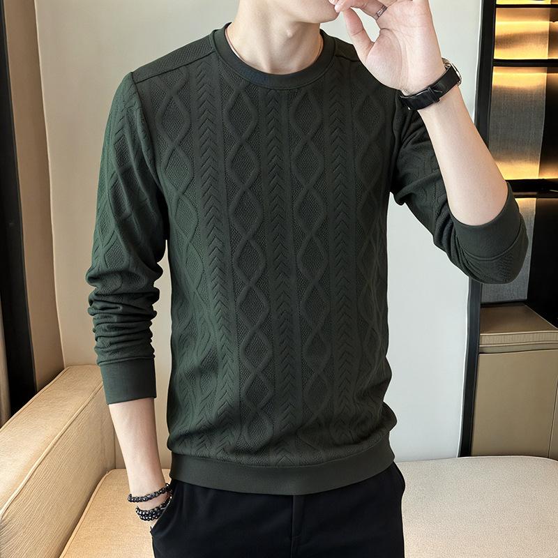 New Autumn and Winter Men's Hatless Sweatshirt Round Neck Pullover Jacquard Versatile Knitted Top Loose Long-sleeved Base Shirt Men