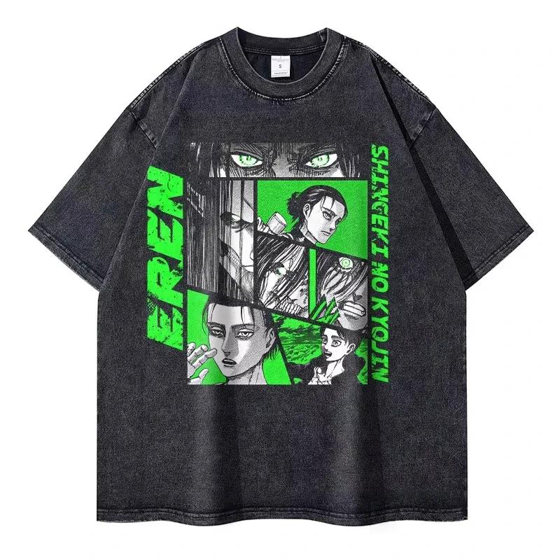 Eren Jaeger D Tshirt retro washed anime TTitan AAttack Tshirt Unisexga Shingeki no Kyojin Levi Mikasa short sleeved top