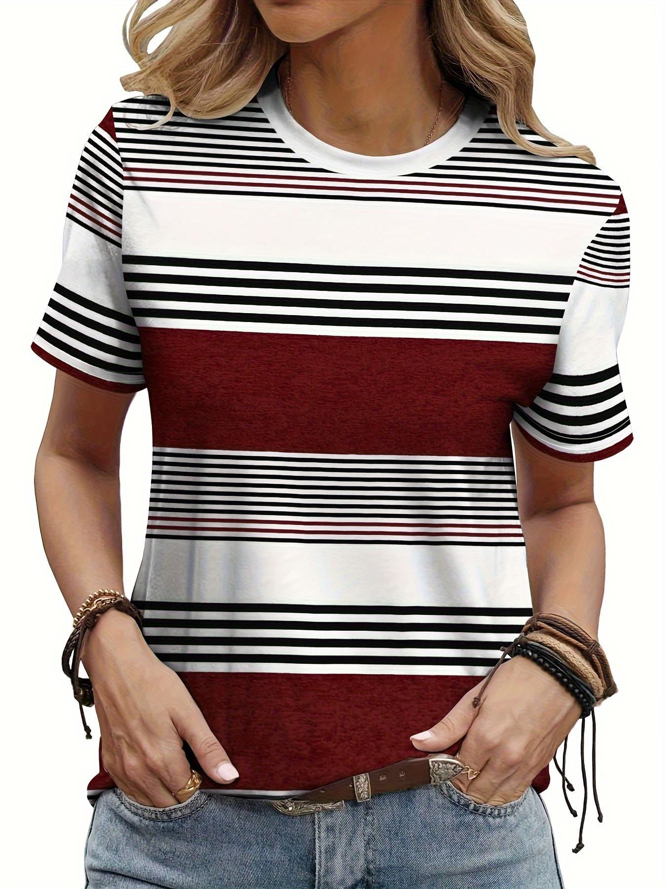 

3D printed burgundy and white color-blocked round neck short-sleeved top, casual resort wear, non-transparent material XXS