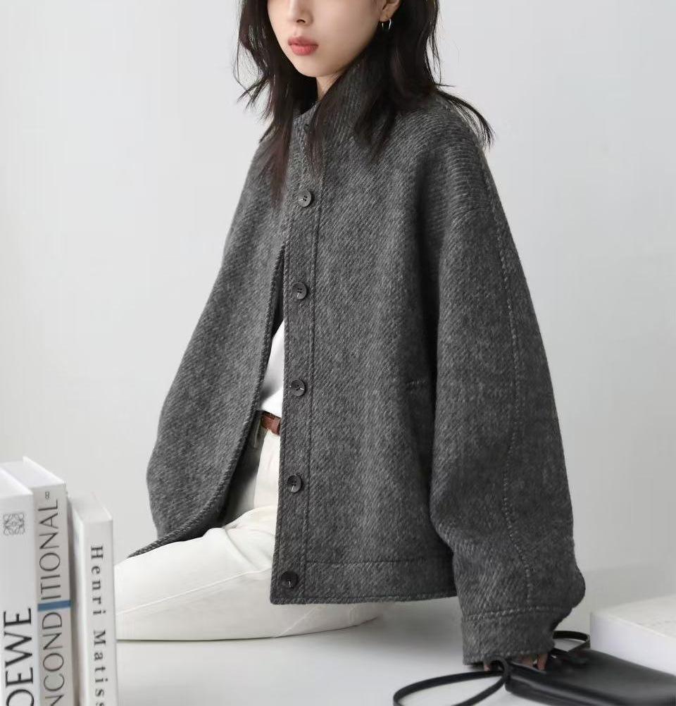 

CHICVENN Retro Stand Collar Twill Texture Woolen Short Coat for Women Extra Large темно-сірий