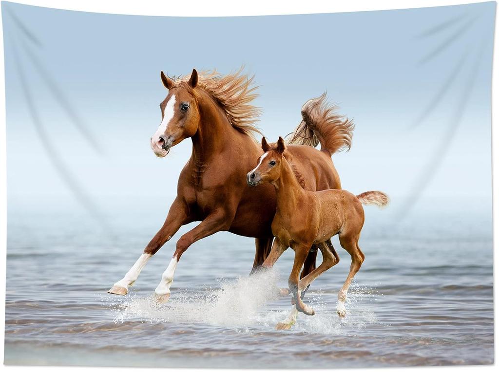 Galloping Horse Tapestry Horses Running In Sea Water Wall Hanging Animal Tapestries for Bedroom Living Room Dorm Decor,60W