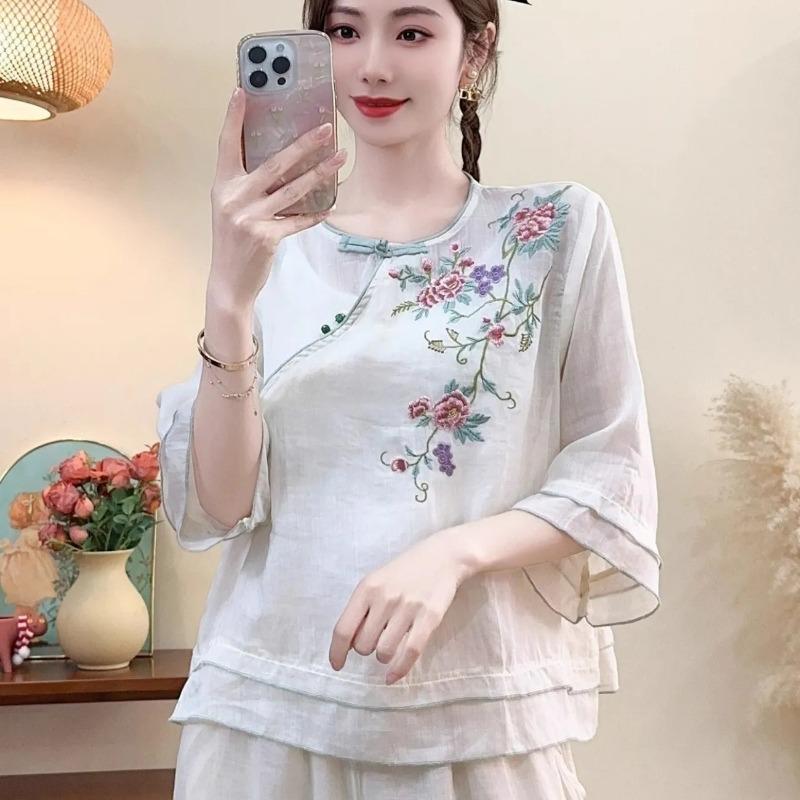 Women's Sheer Purple Floral Embroidery Blouse with Frog Button and Contrast Trim Casual Linen Shirt