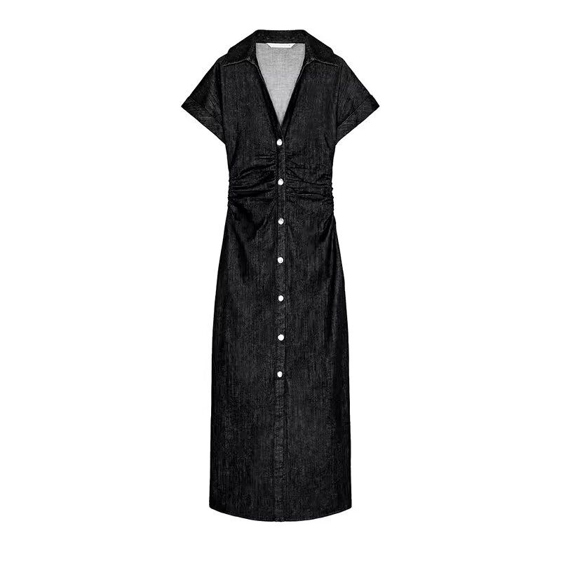 

Весна Новая Женская одежда Западный Стиль Плиссированная отделка Короткий рукав Лацкан Джинсовое Миди-платье 2284576 Black L