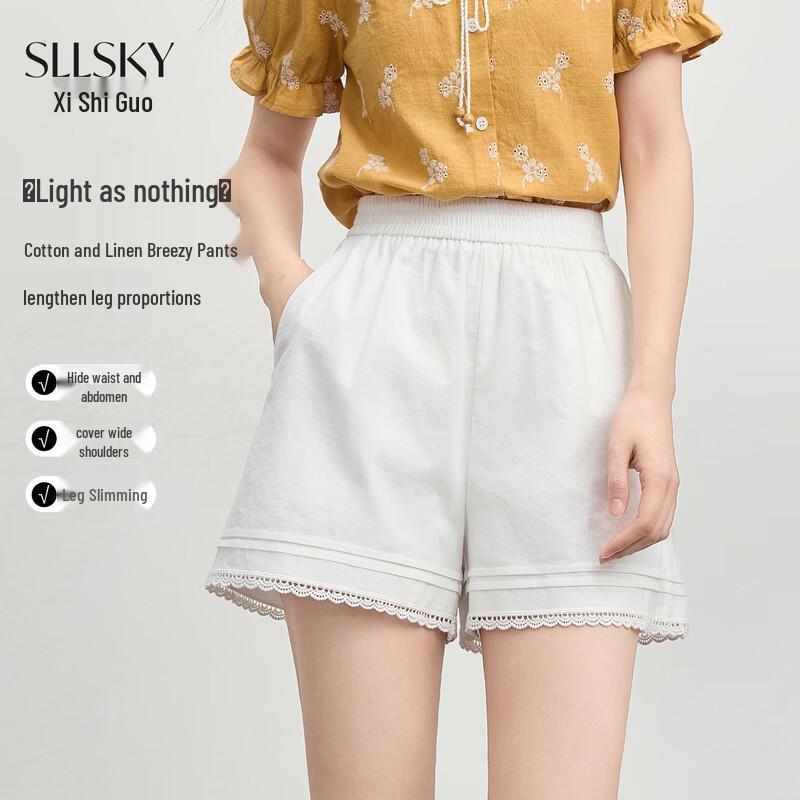 sllsky Women s White Cotton Linen Casual Shorts XL