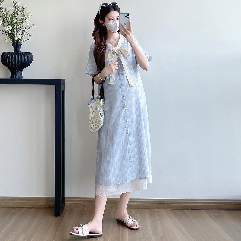 Striped Lace Patchwork Bow Maternity Dress