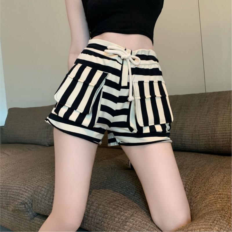 High-waisted Striped Shorts Women's Summer Elasticated Waist Baggy Wide-leg Pants Wear Slimming Sports A-line Spice Hot Pants