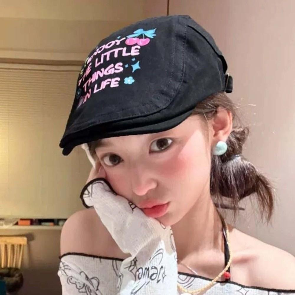 Embroidey Graffiti Forward Hat Cherry Artist Hat Adjustable Y2k Beret  Teenagers