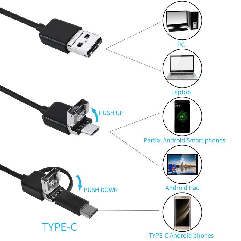 7MM Android Endoscope Camera 3 IN1 Micro USB Type C Borescope Mini Camera Waterproof LED Car Inspection For HUAWEI XIAOMI PC 7mm hard cable