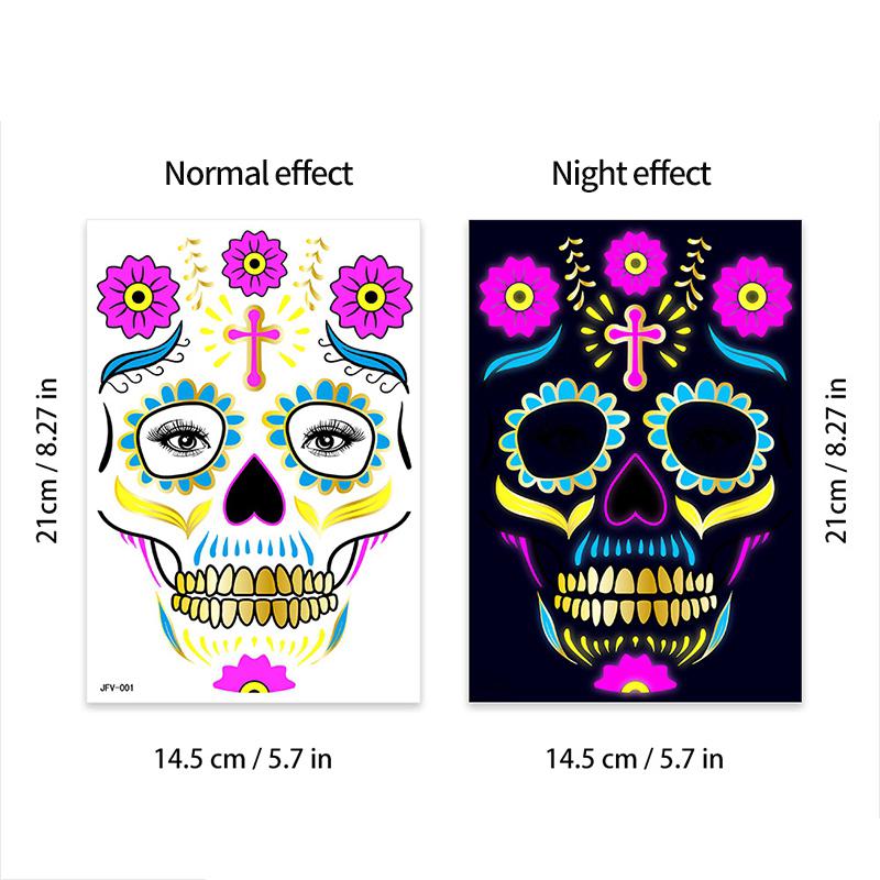 Mexico Day of the Dead Luminous Facial Tattoo Sticker Halloween Party Decoration Halloween Dress Up Day of the Dead DIY Party