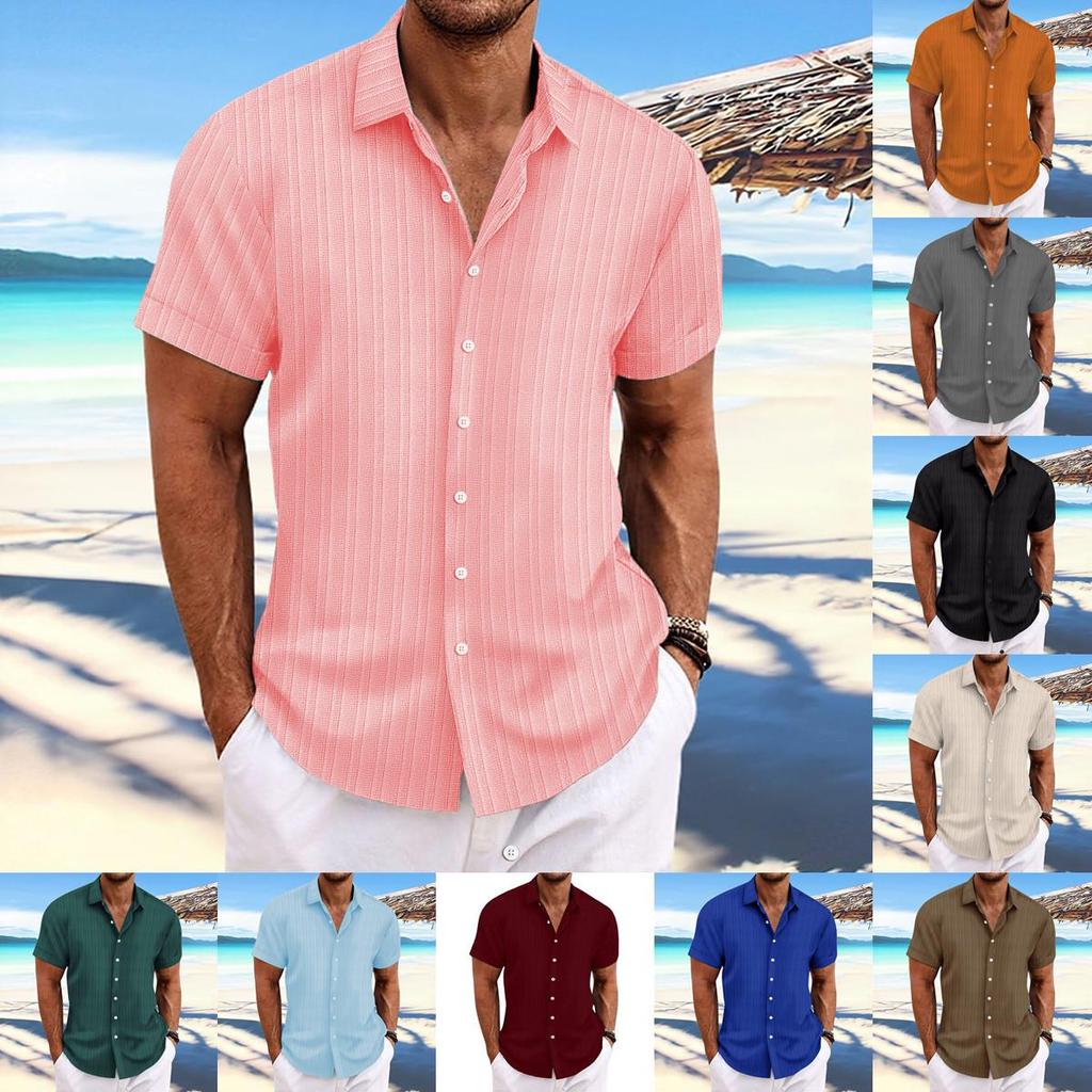 Herren Gestreiftes Baumwoll-Leinen Kurzarm Jacquard Freizeit Hemd