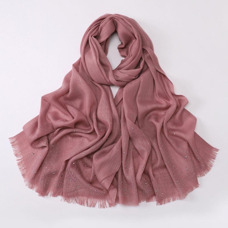 Versatile Solid Color Bamboo Yarn Headscarf With Rhinestones Malay Style Scarf