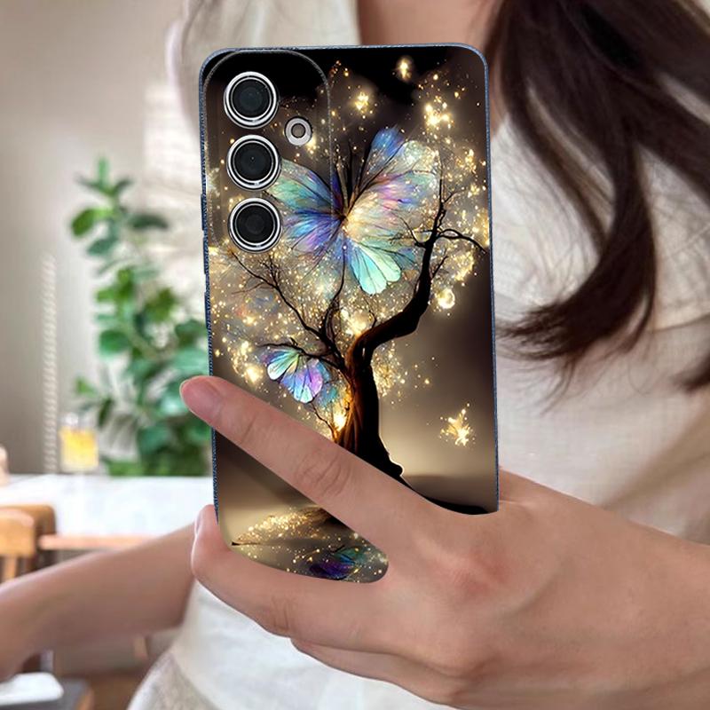 Shining Fantasy Tree Butterfly Pattern Case For Samsung Galaxy S26 Ultra S25 Edge S24 S23 S22 Plus S21 FE Leather Texture Silicone Cover