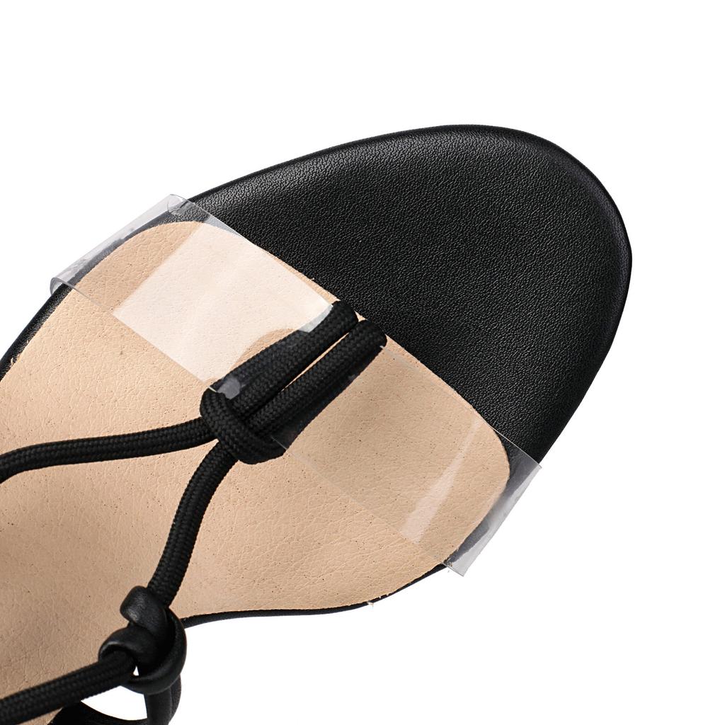 Women Heeled Black White Sandals Dressy Wrap Bandage Summer 2025 Shoes PVC Simple Footwear