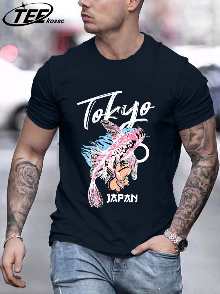 Tokyo Japan Flower Koi Print Men T Shirts Hip Hop AllMatch Short Sleeve Cotton Summer Clothes Casual Oversize Trendy Sportswear