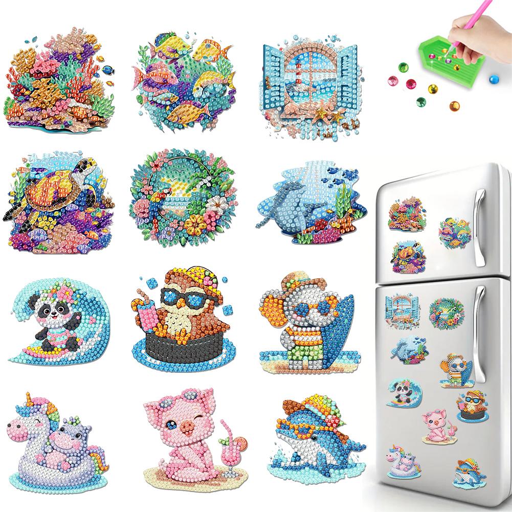 12PCS 2D Flat DIY Diamond Painting Refrigerator Magnet Round Diamond Crystal Refrigerator Magnet Diamond Art Kits for Home Decor
