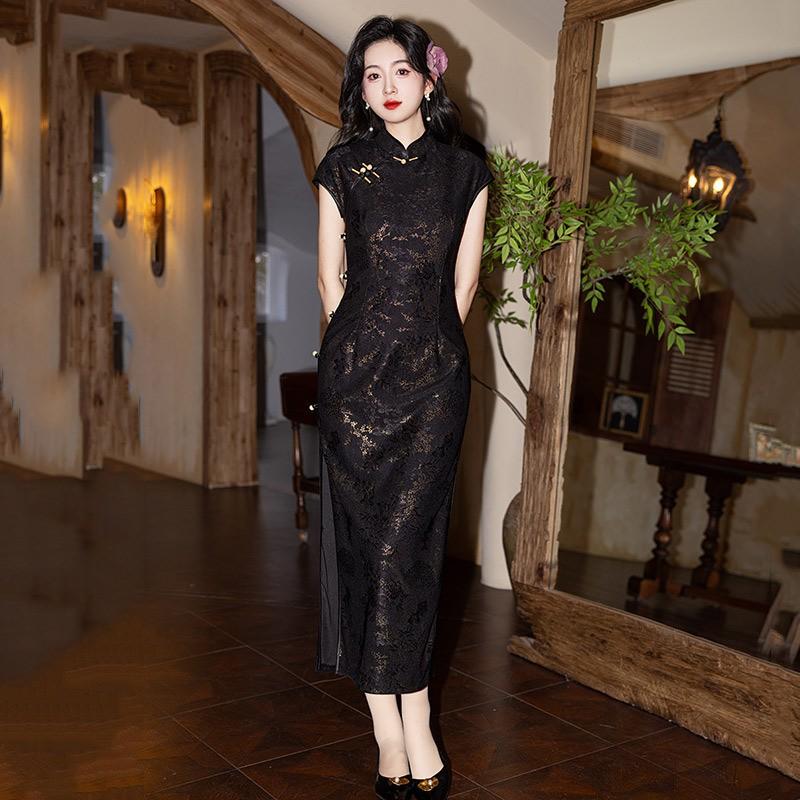 Black Lace Modern Cheongsam Dress Women Long Sleeveless Vintage Chinese Style 2025 Small