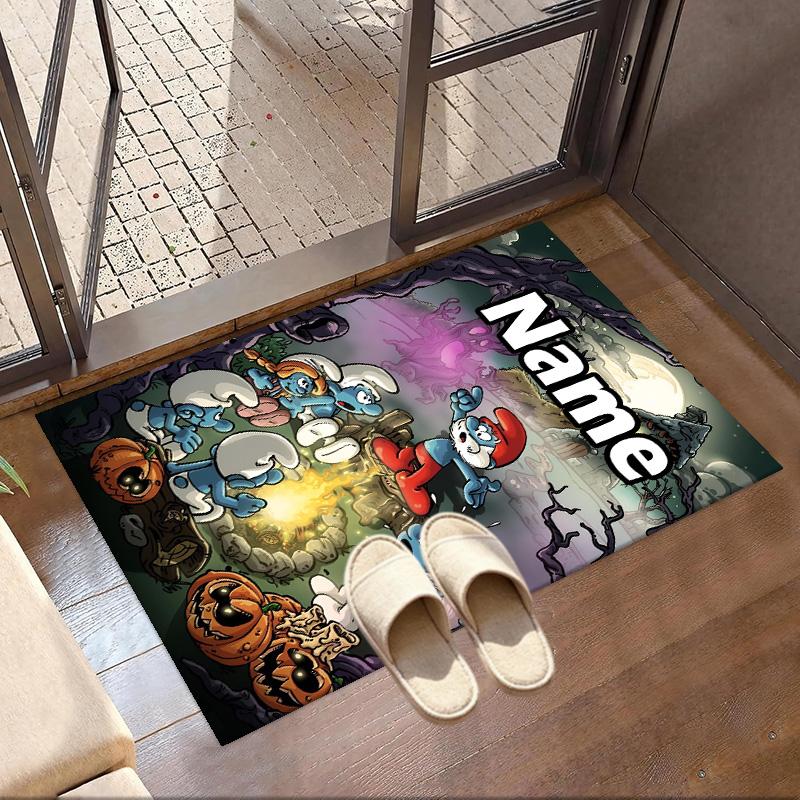 Custom Name Personalized Blue Smurfs Print Carpet, Versatile Home Decor Rug, for Playroom, Apartment, Balcony, Entryway, Hallway Gift