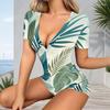 Women Plus Size Tropical Leaf Print V Neck Short Sleeve Button Front Fitted Romper