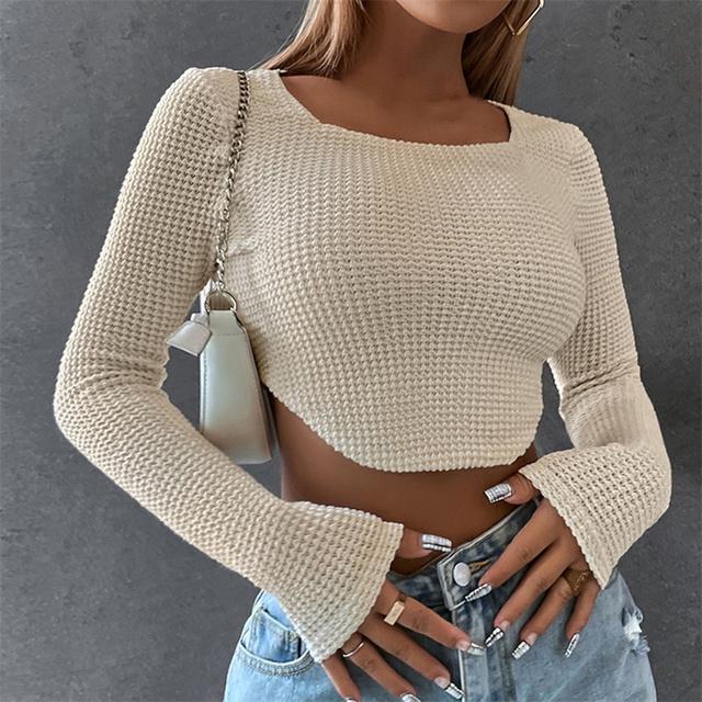 

Футболка с длинным рукавом, женская сексуальная тонкая уличная одежда, вязаный укороченный топ, корейская мода, весенне-осенняя короткая узкая футболка L