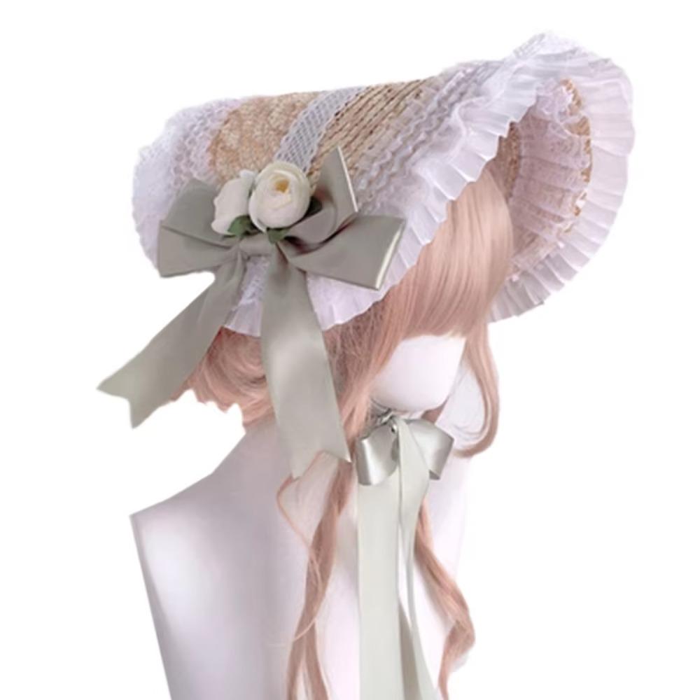 Ruffle Lace Beach Hat Ribbon Bow Flat Top Hat  for Elegant Tea Party Princess Beach Outdoor Travel