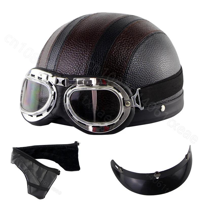 Motorcycle Leather Helmet Retro Personalized Summer Helmet Four Seasons Fashion Half Helmet Windproof Gift Mirror