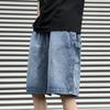 Men Denim Shorts Elastic Drawstring Waist Wide Leg Pockets Shorts with Straight Solid Color Casual Shorts Streetwear