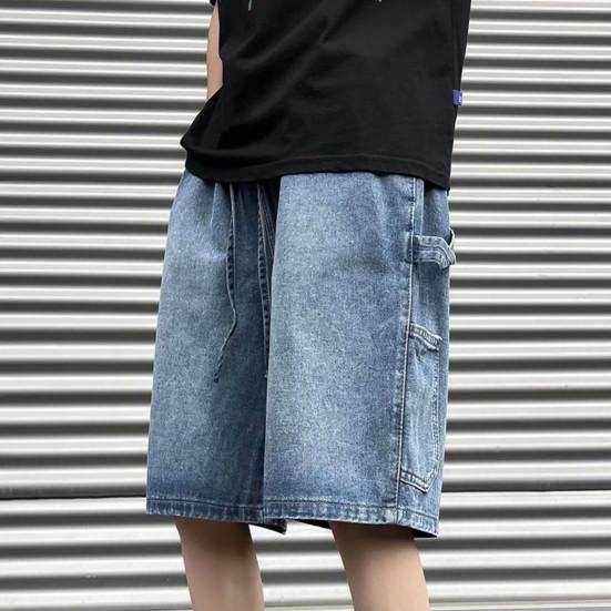 Men Denim Shorts Elastic Drawstring Waist Wide Leg Pockets Shorts with Straight Solid Color Casual Shorts Streetwear