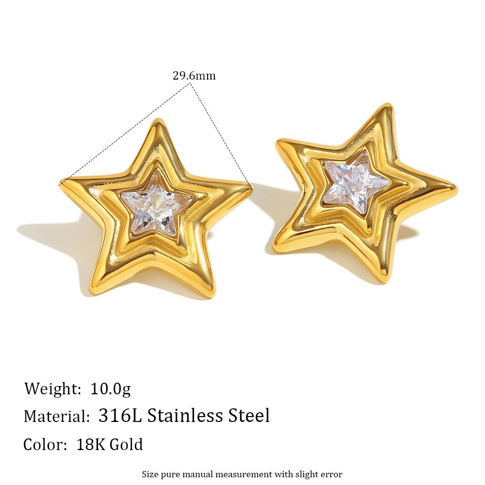 E.B.belle Women's Fashion Party Clear Zircon Star Stud Earrings 18K Gold Plated 316L Stainless Steel Statement Ear Jewelry