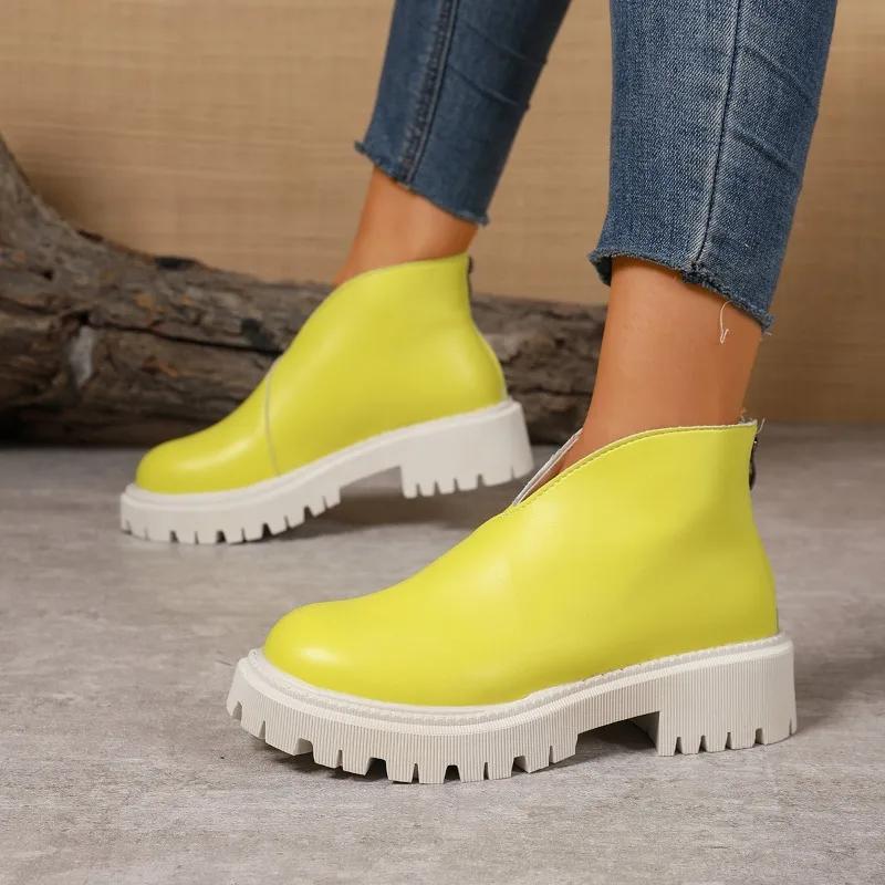 Autumn New Round Toe Rear Zipper Anti-Slip Wear-Resistant Short Boots Block Heel Platform Single Boots