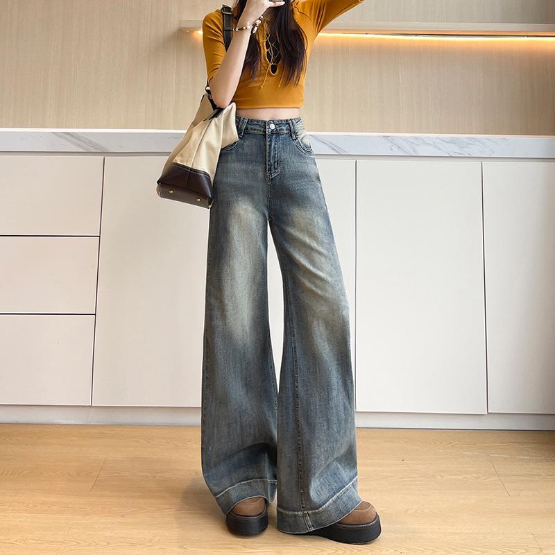 Women s Retro Wide-Leg High-Waisted Jeans - Slimming Washed Style for Spring & Autumn XS