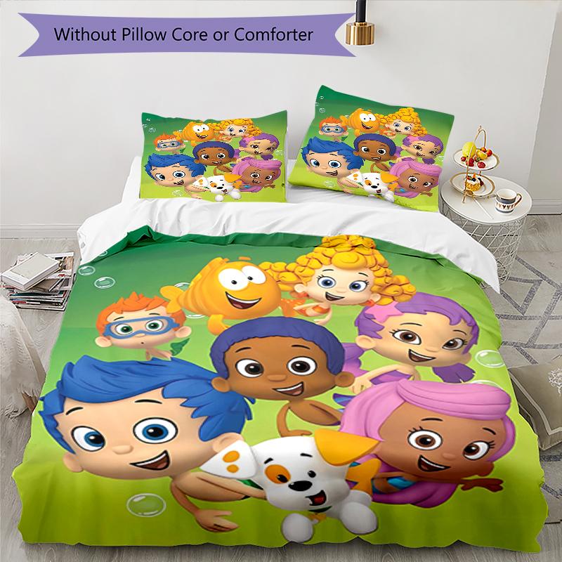 3pcs Bubble Guppies Design Cover Set - HD Printed Bedding with 1 Cover and 2 Pillowcases - Perfect for Home and Dorm Decor