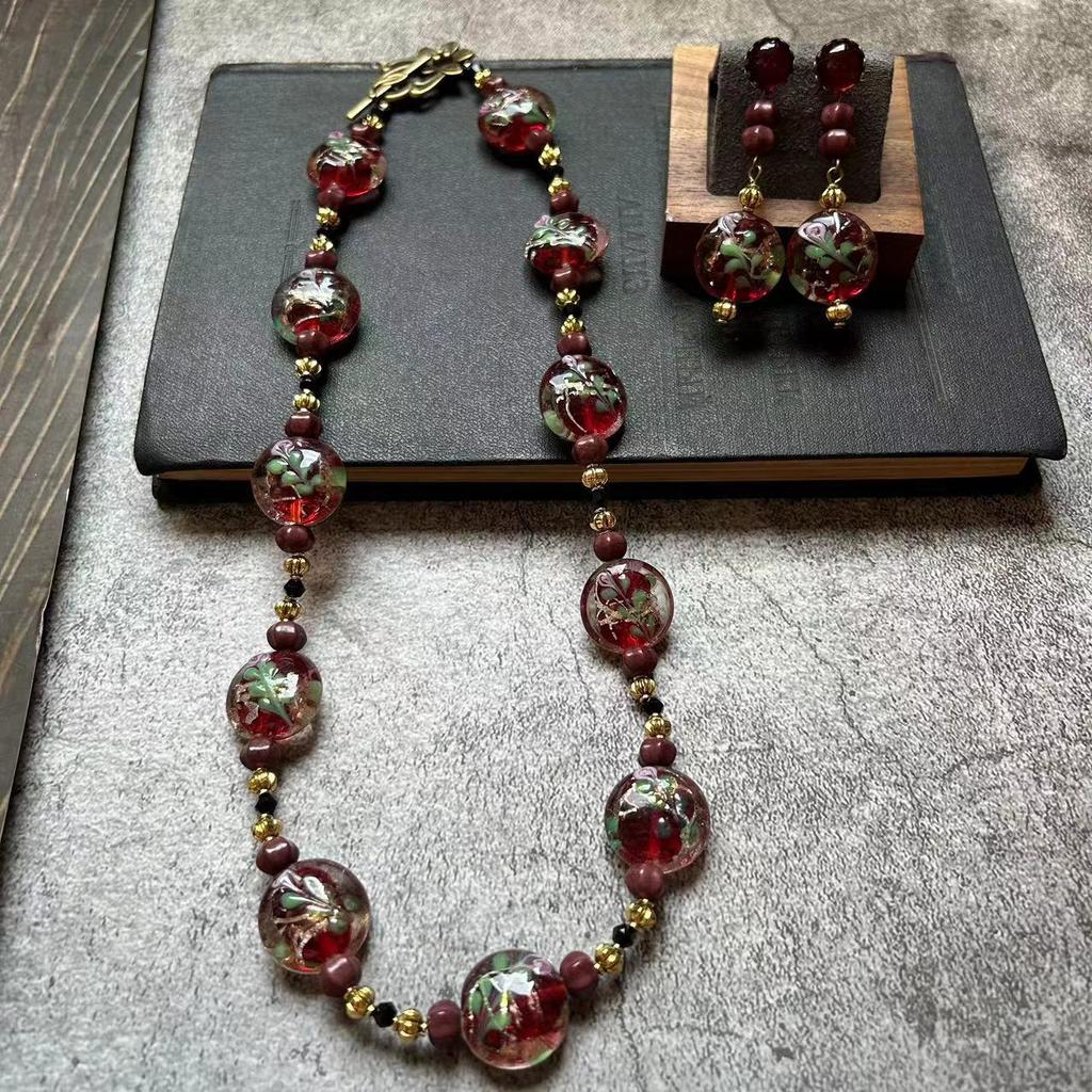 Flat and Round Three-dimensional Cake Red and Green Flower Glazed Handmade Gold Foil High-grade Glazed Necklace