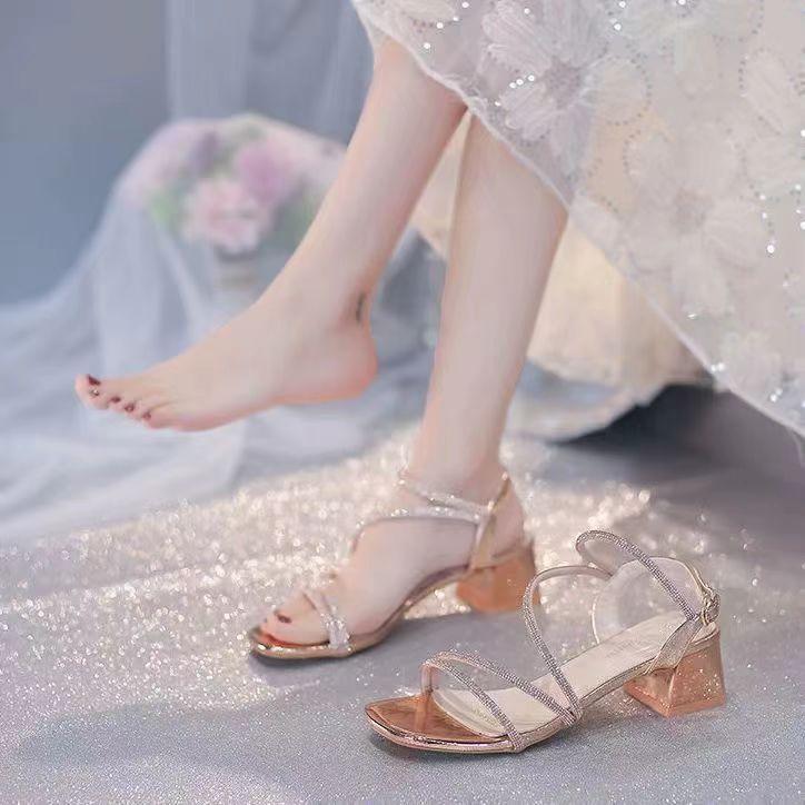 Small Fresh Thick Heel Sandals Fairy Style 2025 New Femininity Summer and Autumn Middle Heel Rhinestones with Skirt High Heels