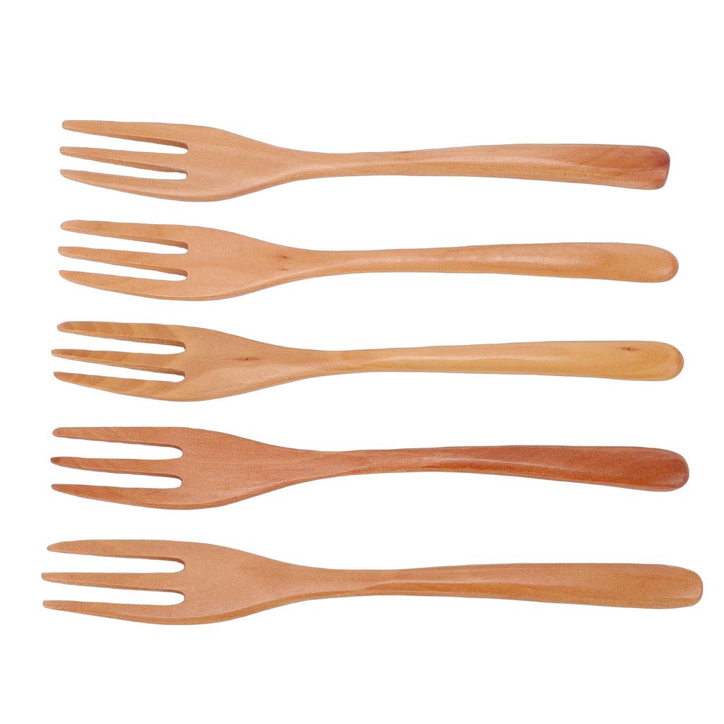 5PCS Wooden Forks Set 7.5 Inch 3 Prong Reusable Japanese Salad Dinner Forks Wood Flatware for Eating Stirring