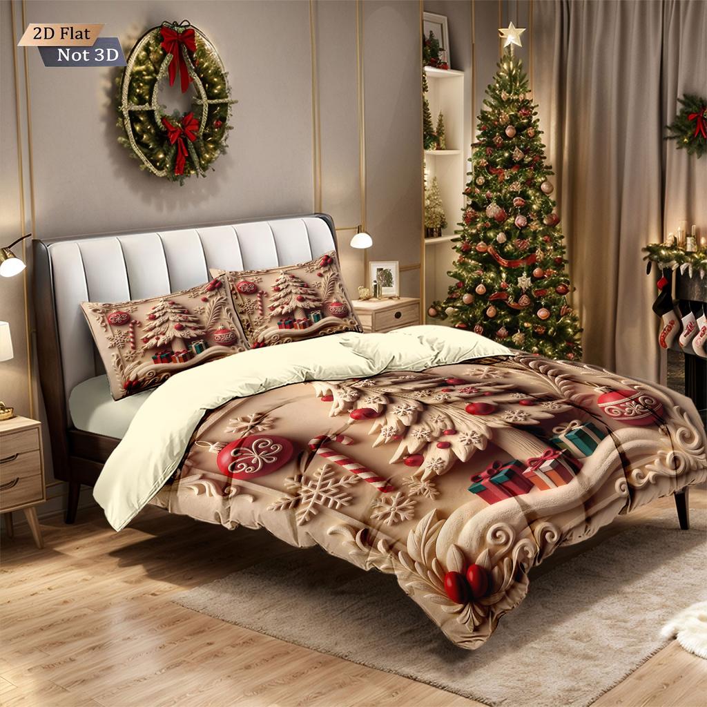3pcs imitation relief Christmas tree print coreless duvet set multi size bedroom bedding holiday decoration machine washable