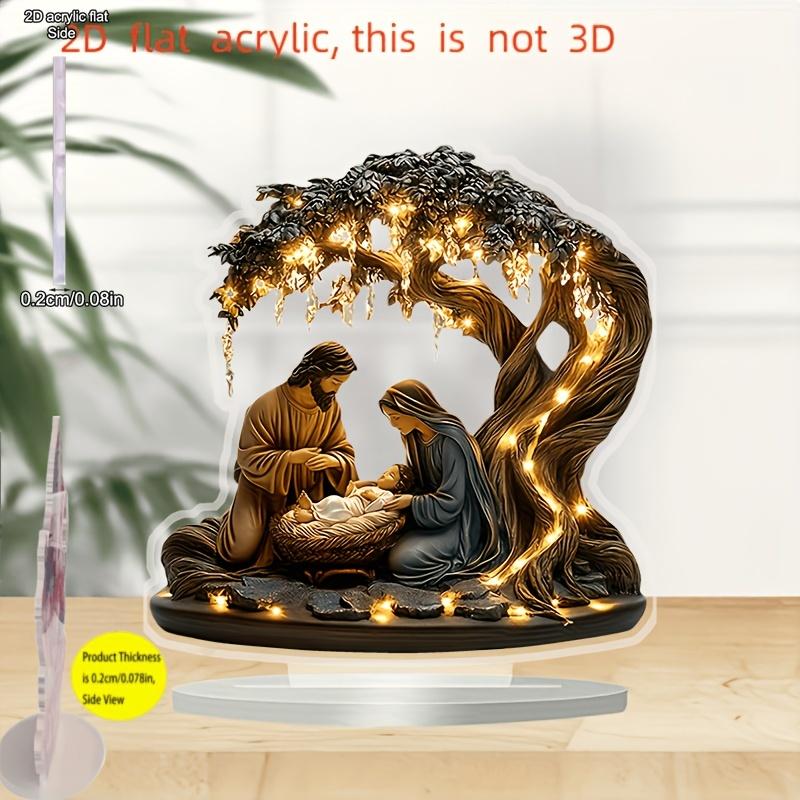 2D Flat Nativity Scene Acrylic Tabletop Decoration, Jesus, Glowing Tree & Soft Lighting, Suitable for wall decoration, porch, room, villa, accents Hom