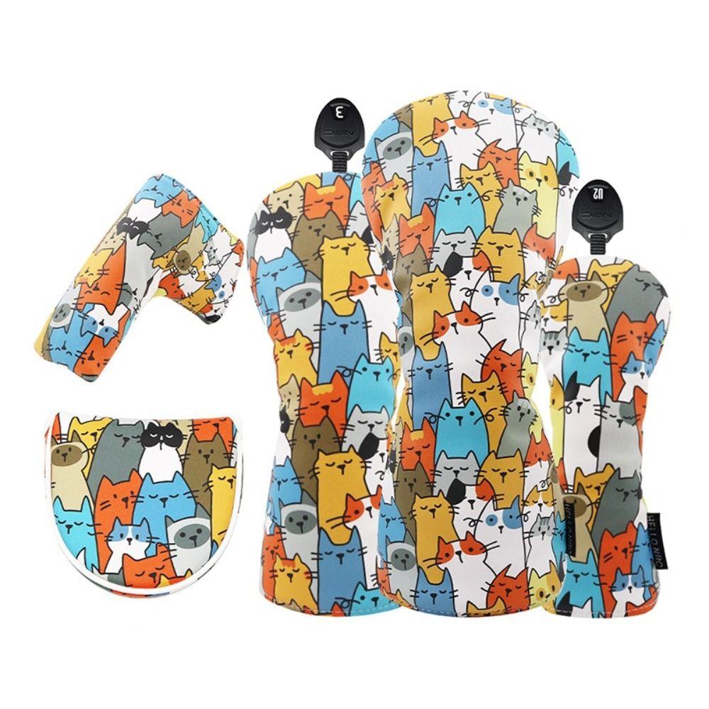 PU Leather Golf Wood Headcover Graffiti Cat Pattern Golf Club Protector  Driver Fairway