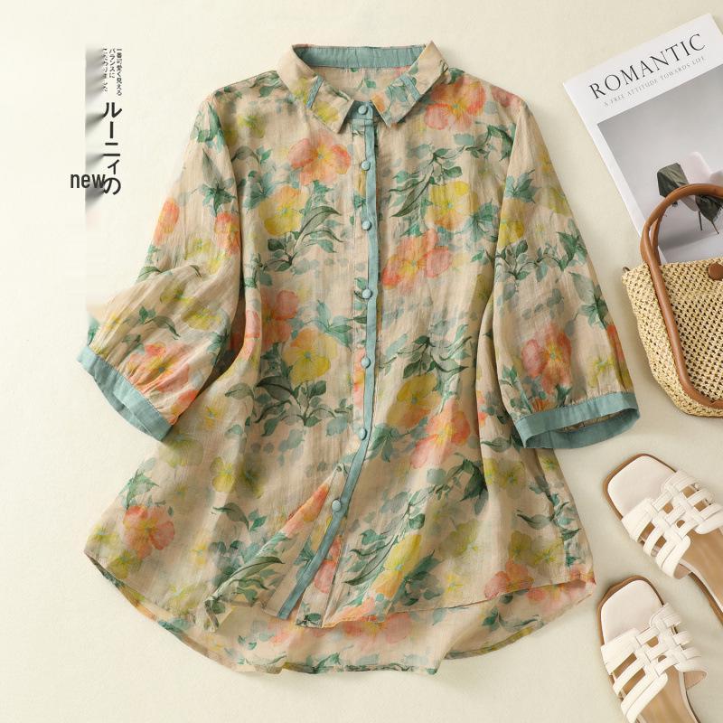 Chemise Casual Lâche Artistique Rétro à Manches Cinq-Quarts pour Femme 2025
