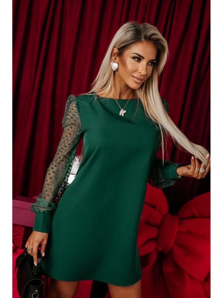 2025 European & American Fashion Mesh Sleeve Round Neck Midi Dress