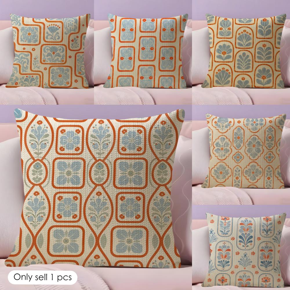 Medieval Revival Tile Cushion Cover Durable Hypoallergenic Organic Linen Short Pillow Cover Washable