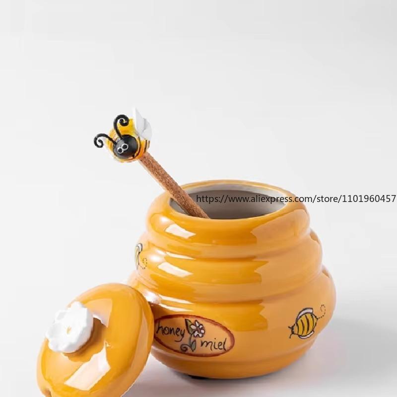 Joie Keramik Honigaufbewahrungsglas 140ml Und Honiglöffel Honigglas mit Deckel Rührstab Für Honigglas Zubehör Küchenwerkzeuge