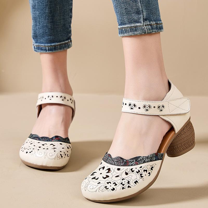 Fashion GKTINOO 2025 New Women Sandals Summer Genuine Leather Hollow Thick Heels Sandals Retro Non-slip Round Toe Casual Soft Sole Shoes